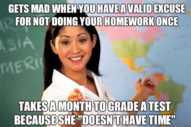 Gets mad when you have a valid excuse for not doing your homework once Takes a month to grade a test because she 