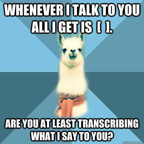 Whenever I talk to you all I get is  [  ].   Are you at least transcribing what I say to you?   Linguist Llama