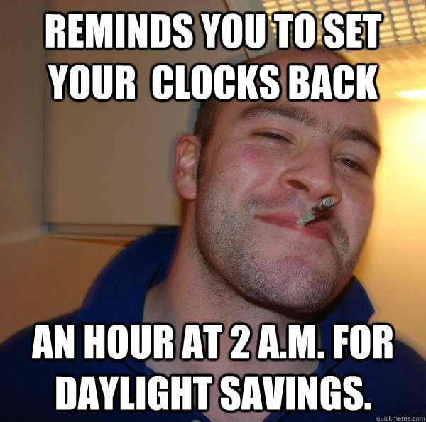 Reminds you to set your clocks back an hour at 2 A.M. for daylight