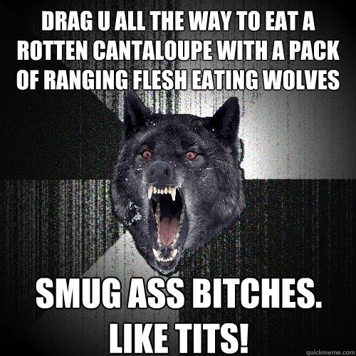 Drag u all the way to eat a rotten cantaloupe with a pack of ranging flesh eating wolves
 Smug ass bitches. Like tits!
  Insanity Wolf