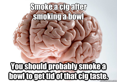 Smoke a cig after
smoking a bowl You should probably smoke a bowl to get tid of that cig taste.  Scumbag Brain