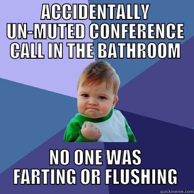 ACCIDENTALLY UN-MUTED CONFERENCE CALL IN THE BATHROOM NO ONE WAS FARTING OR FLUSHING Success Kid