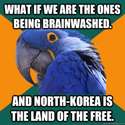 What if we are the ones being brainwashed. And North-Korea is the land of the free.  Paranoid Parrot