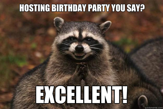 Hosting birthday party you say? Excellent!  Evil Plotting Raccoon