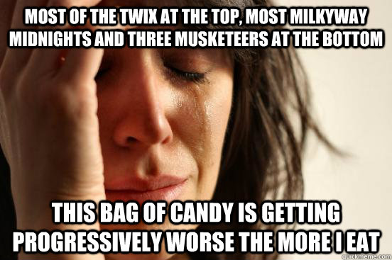 Most of the twix at the top, most milkyway midnights and three musketeers at the bottom this bag of candy is getting progressively worse the more I eat  First World Problems