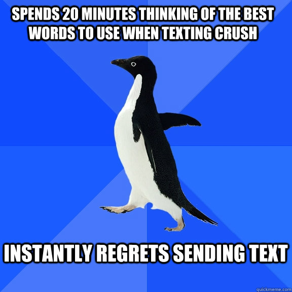 Spends 20 minutes thinking of the best words to use when texting crush Instantly regrets sending text  Socially Awkward Penguin
