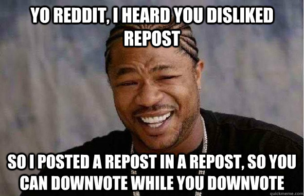 Yo Reddit, I heard you disliked repost So I posted a repost in a repost, so you can downvote while you downvote - Yo Reddit, I heard you disliked repost So I posted a repost in a repost, so you can downvote while you downvote  Xibit Yo Dawg
