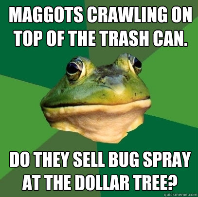 Maggots crawling on top of the trash can. Do they sell bug spray at the dollar tree?  Foul Bachelor Frog