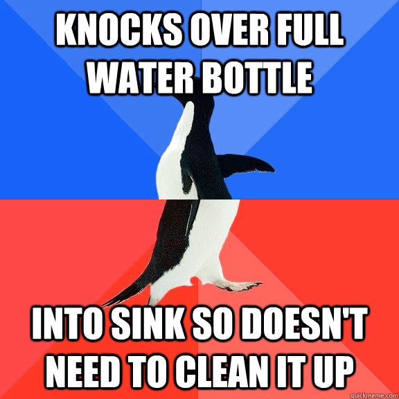 Knocks over full water bottle into sink so doesn't need to clean it up  Socially Awkward Awesome Penguin