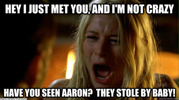 Hey I just met you, and I'm NOT crazy Have you seen Aaron?  They stole by baby!  Hey I just met you - Claire Lost