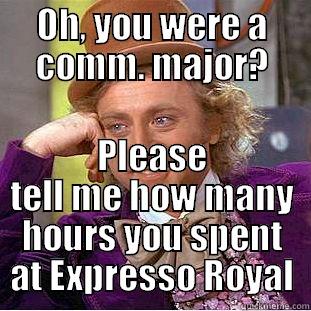 OH, YOU WERE A COMM. MAJOR? PLEASE TELL ME HOW MANY HOURS YOU SPENT AT EXPRESSO ROYAL Condescending Wonka