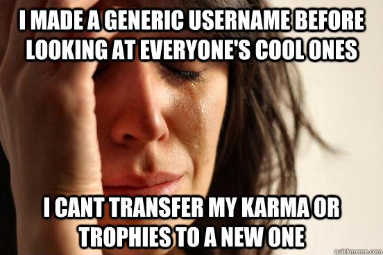 I made a generic username before looking at everyone's cool ones I cant transfer my karma or trophies to a new one  First World Problems