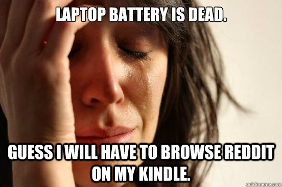 Laptop battery is dead. Guess I will have to browse reddit on my kindle.  First World Problems