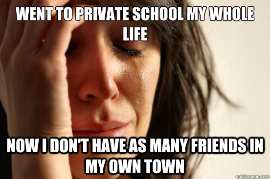 went to private school my whole life now I don't have as many friends in my own town  First World Problems
