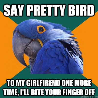 Say pretty bird to my girlfirend one more time, I'll bite your finger off  Paranoid Parrot