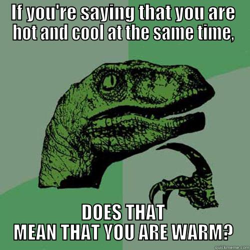 IF YOU'RE SAYING THAT YOU ARE HOT AND COOL AT THE SAME TIME, DOES THAT MEAN THAT YOU ARE WARM? Philosoraptor