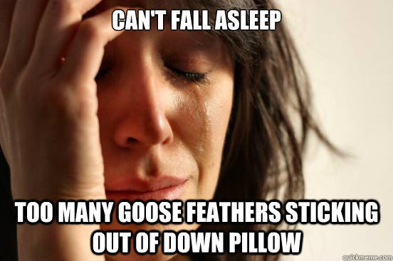 can't fall asleep too many goose feathers sticking out of down pillow  First World Problems
