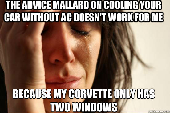 Because my corvette only has two windows The advice mallard on cooling your car without ac doesn't work for me - Because my corvette only has two windows The advice mallard on cooling your car without ac doesn't work for me  First World Problems