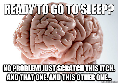 Ready to go to sleep? No problem! Just scratch this itch. And that one. And this other one...  Scumbag Brain