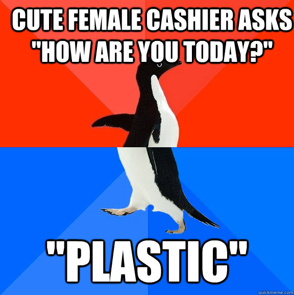 Cute female cashier asks 