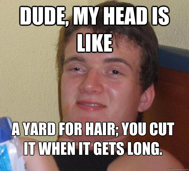 Dude, my head is like a yard for hair; you cut it when it gets long.
 - Dude, my head is like a yard for hair; you cut it when it gets long.
  10 Guy
