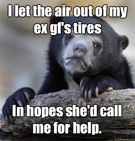 I let the air out of my ex gf's tires In hopes she'd call me for help.  Confession Bear