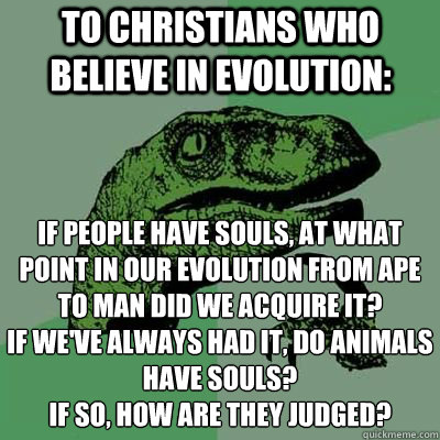 to Christians who believe in evolution: If people have souls, at what point in our evolution from ape to man did we acquire it?
If we've always had it, do animals have souls?
If so, how are they judged? - to Christians who believe in evolution: If people have souls, at what point in our evolution from ape to man did we acquire it?
If we've always had it, do animals have souls?
If so, how are they judged?  velociraptor thinking