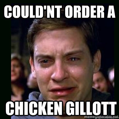 Could'nt order a Chicken gillott  Crying Peter Parker