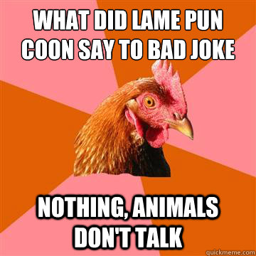 What did Lame Pun Coon say to Bad Joke Eel? Nothing, animals don't talk - What did Lame Pun Coon say to Bad Joke Eel? Nothing, animals don't talk  Anti-Joke Chicken