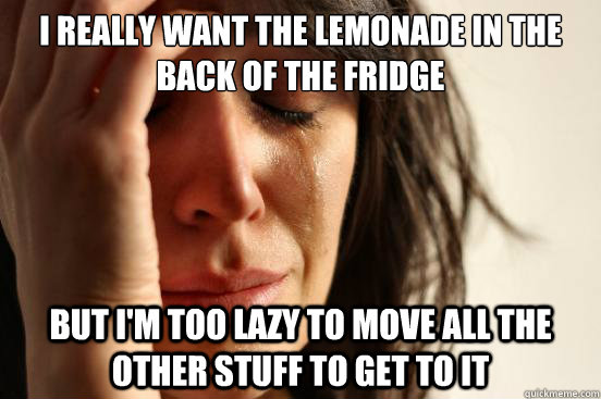 I really want the lemonade in the back of the fridge but i'm too lazy to move all the other stuff to get to it  First World Problems