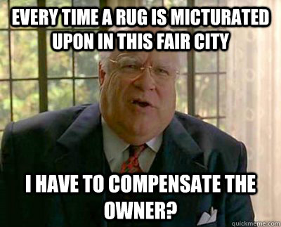 Every time a rug is micturated upon in this fair city I have to compensate the owner?  
