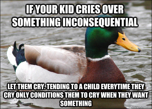 If your kid cries over something inconsequential Let them cry. Tending to a child everytime they cry only conditions them to cry when they want something  Actual Advice Mallard