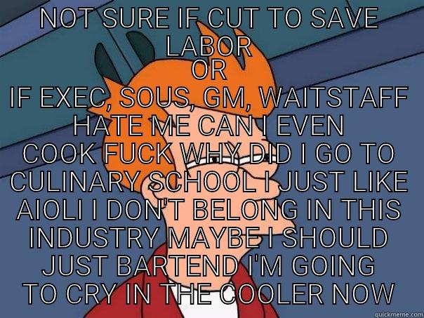 NOT SURE IF CUT TO SAVE LABOR OR IF EXEC, SOUS, GM, WAITSTAFF HATE ME CAN I EVEN COOK FUCK WHY DID I GO TO CULINARY SCHOOL I JUST LIKE AIOLI I DON'T BELONG IN THIS INDUSTRY MAYBE I SHOULD JUST BARTEND I'M GOING TO CRY IN THE COOLER NOW Futurama Fry