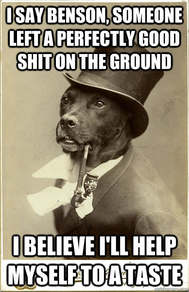 I say Benson, someone left a perfectly good shit on the ground I believe I'll help myself to a taste - I say Benson, someone left a perfectly good shit on the ground I believe I'll help myself to a taste  Old Money Dog