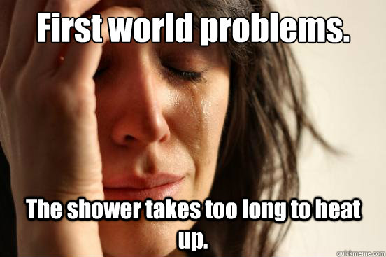 First world problems. The shower takes too long to heat  up.  First World Problems