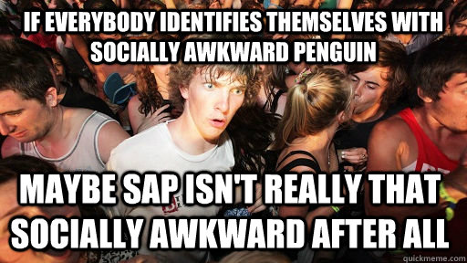 if everybody identifies themselves with socially awkward penguin maybe sap isn't really that socially awkward after all  Sudden Clarity Clarence