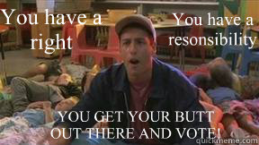 You have a right You have a resonsibility YOU GET YOUR BUTT OUT THERE AND VOTE!  Billy Madison
