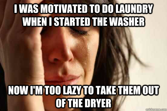 I was motivated to do laundry when I started the washer Now I'm too lazy to take them out of the dryer  First World Problems