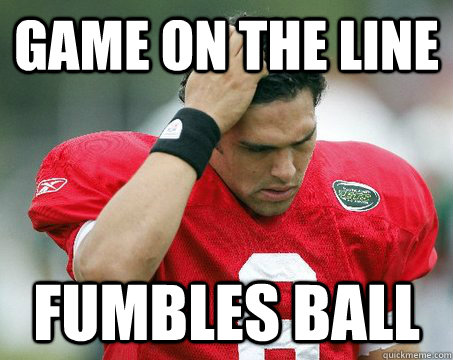 game on the line fumbles ball  Off The Mark Sanchez