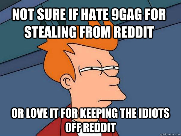 Not sure if hate 9gag for stealing from reddit or love it for keeping the idiots off reddit  Futurama Fry