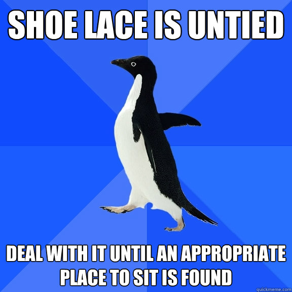 shoe lace is untied deal with it until an appropriate place to sit is found  Socially Awkward Penguin