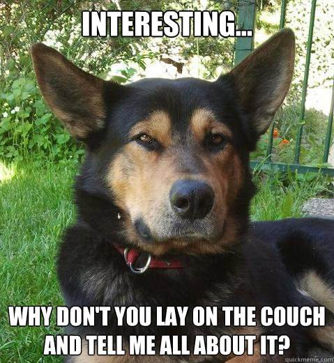 Interesting... Why don't you lay on the couch and tell me all about it?  Wise dog
