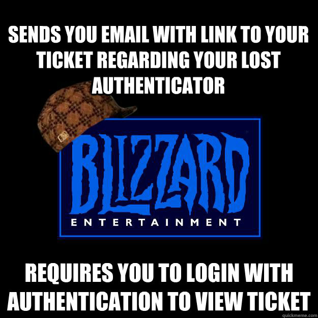 Sends you email with link to your ticket regarding your lost authenticator Requires you to login with authentication to view ticket - Sends you email with link to your ticket regarding your lost authenticator Requires you to login with authentication to view ticket  Scumbag blizzard