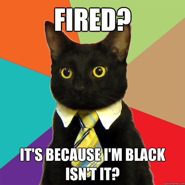 Fired? It's because I'm black isn't it?  Business Cat