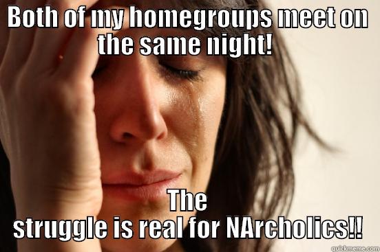 Narcholics struggle  - BOTH OF MY HOMEGROUPS MEET ON THE SAME NIGHT!  THE STRUGGLE IS REAL FOR NARCHOLICS!! First World Problems