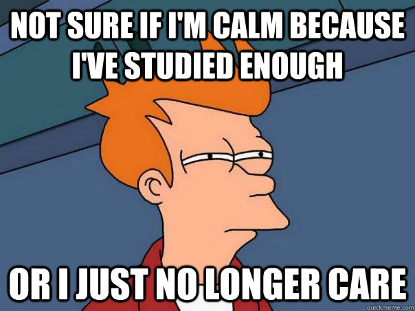 not sure if i'm calm because i've studied enough or i just no longer care  Futurama Fry