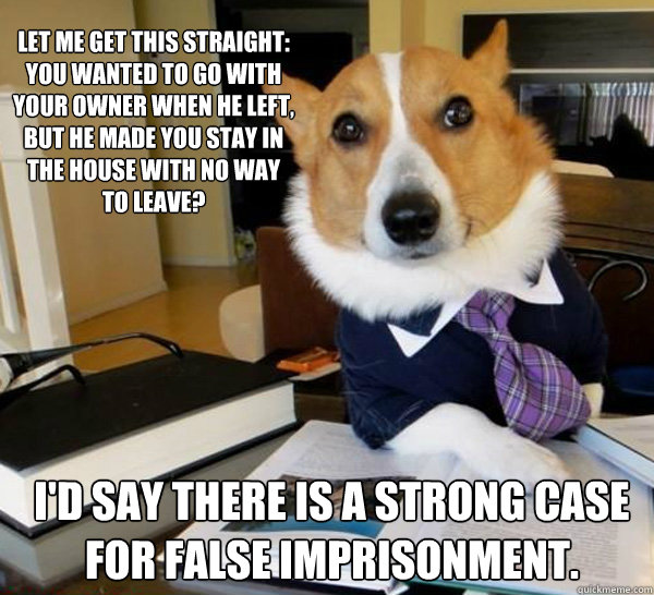 Let me get this straight: You wanted to go with your owner when he left, but he made you stay in the house with no way to leave? I'd say there is a strong case for False imprisonment. - Let me get this straight: You wanted to go with your owner when he left, but he made you stay in the house with no way to leave? I'd say there is a strong case for False imprisonment.  Lawyer Dog