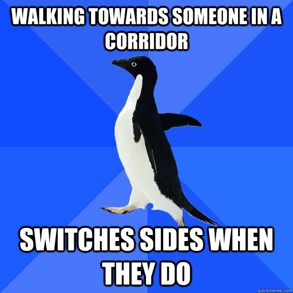 Walking towards someone in a corridor Switches sides when they do  Socially Awkward Penguin