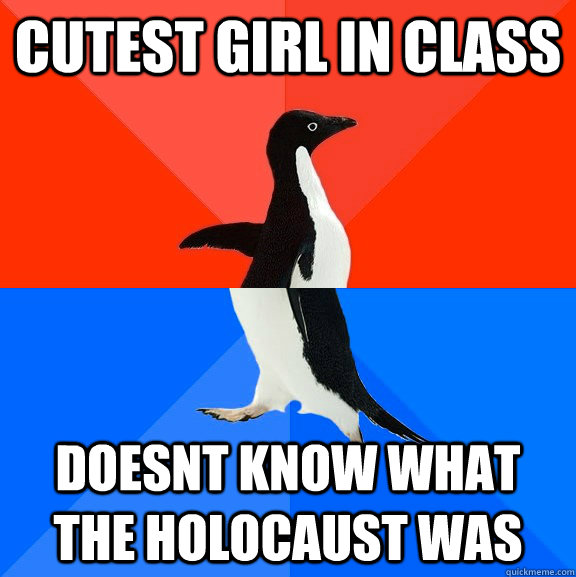 cutest girl in class doesnt know what the holocaust was  Socially Awesome Awkward Penguin