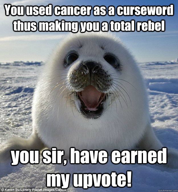 You used cancer as a curseword thus making you a total rebel  you sir, have earned my upvote! - You used cancer as a curseword thus making you a total rebel  you sir, have earned my upvote!  Easily Pleased Seal